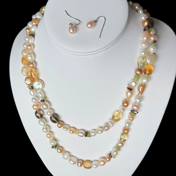 Honora 40" Freshwater Pearl & Gemstone Necklace w/ Earrings Citrine Smoky Quartz - Picture 7 of 16
